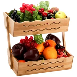 Bamboo Fruit Basket 2-Tier Bread Storage Organizer Vegetable Holder Bowl Display Rack for Kitchen