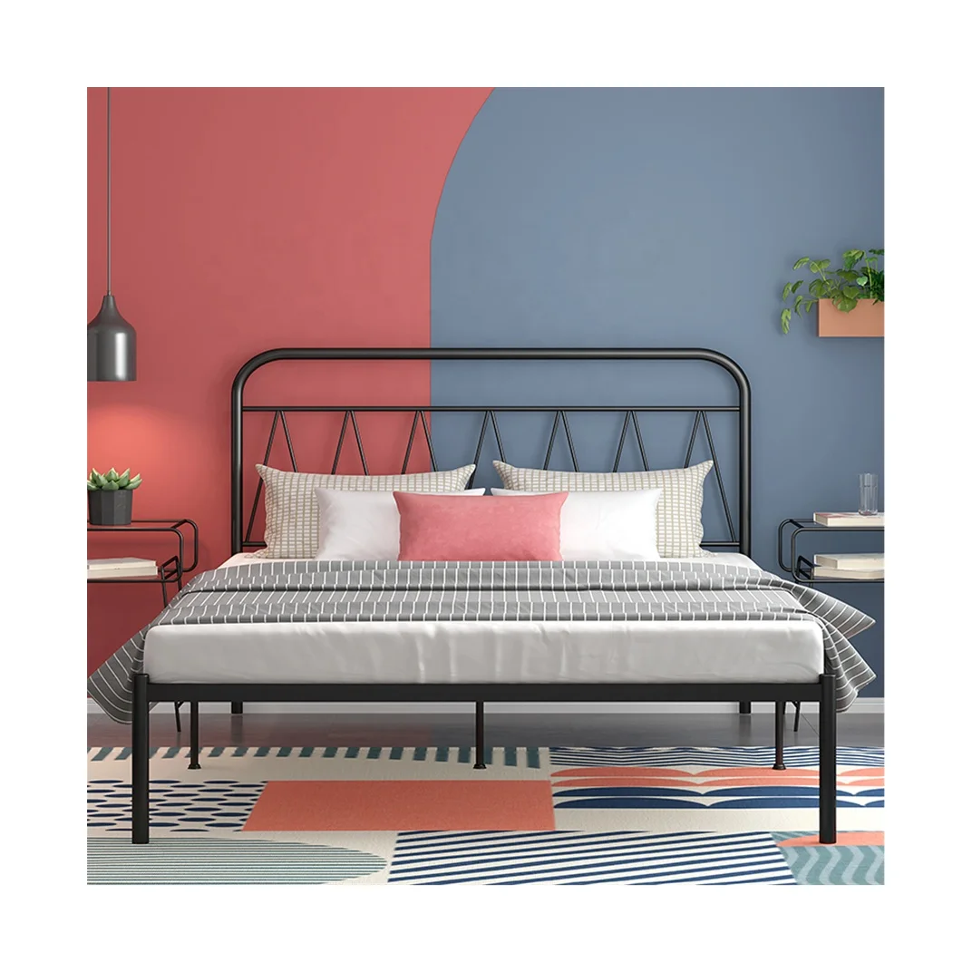 Professional Manufacture Cheap Easy Assembled Iron Metal  Bed Metal Double Bed for Bedroom Hotel Apartment