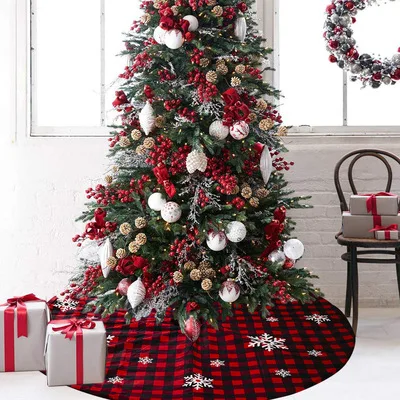 
 48inch Double Layers Christmas Tree Skirt Red and Black Buffalo Check Plaid Snowflake Design  