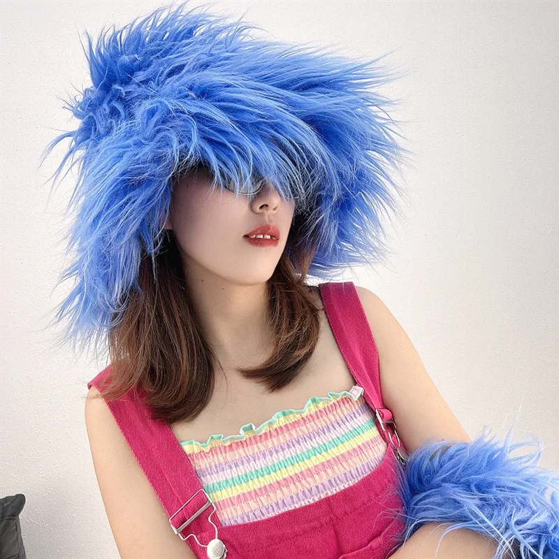 Autumn Winter Fashion Women Warm Rainbow Faux Fur Female Ladies Casual Party Bucket hat Music Festival Thickened Hat