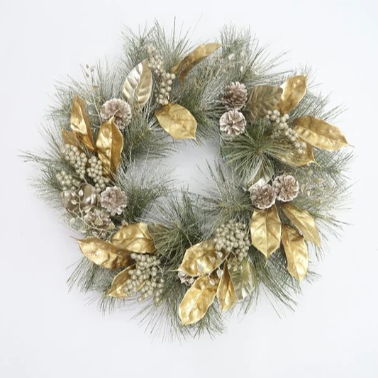 24inch Magnolia/ Pine/ Berries/ Champagne Christmas Wreath Pine Decoration