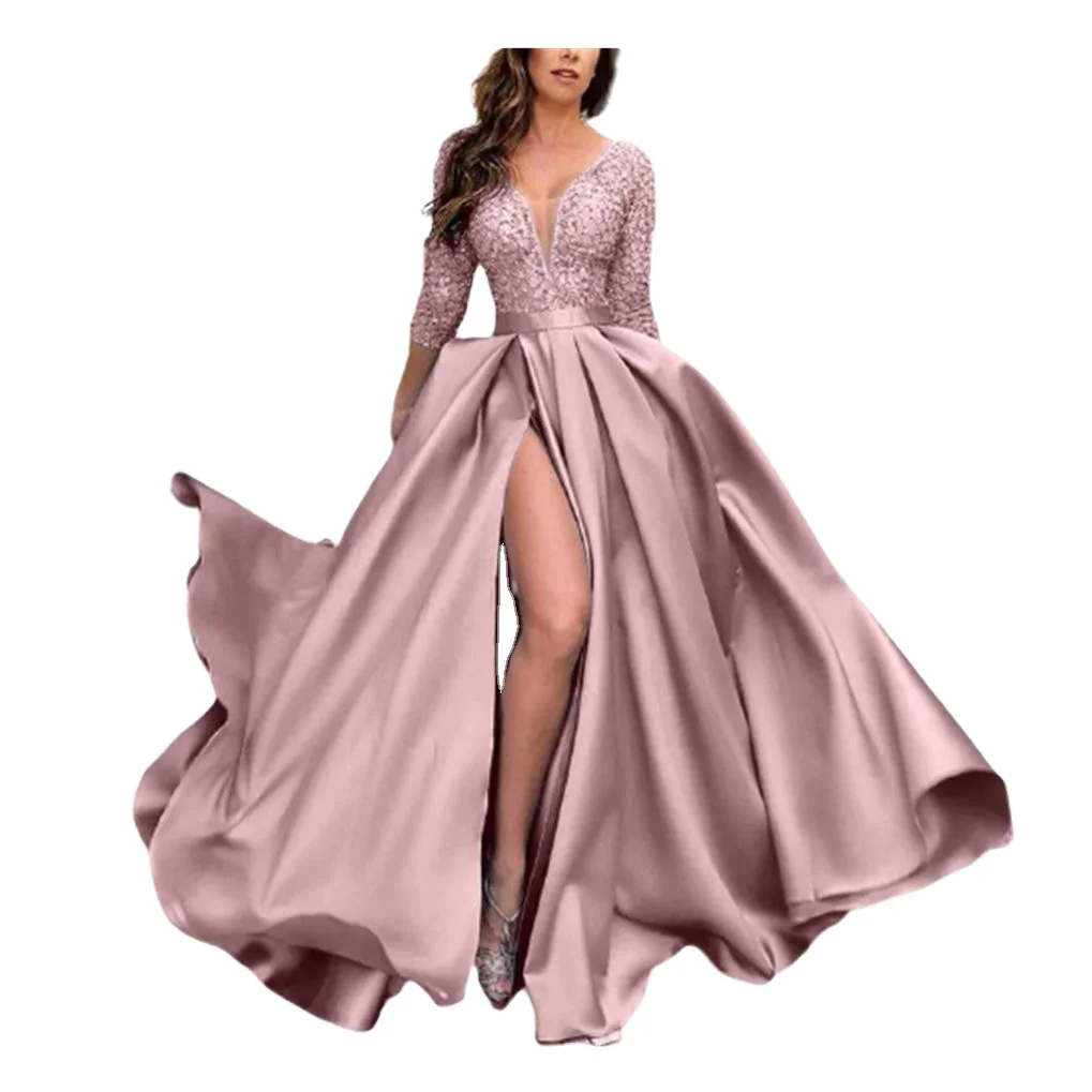 Fashion Hot Sale Women V Neck Evening Dress Sexy Split Banquet Long Dress Wedding Party Clothing Elegant Women Evening Dress