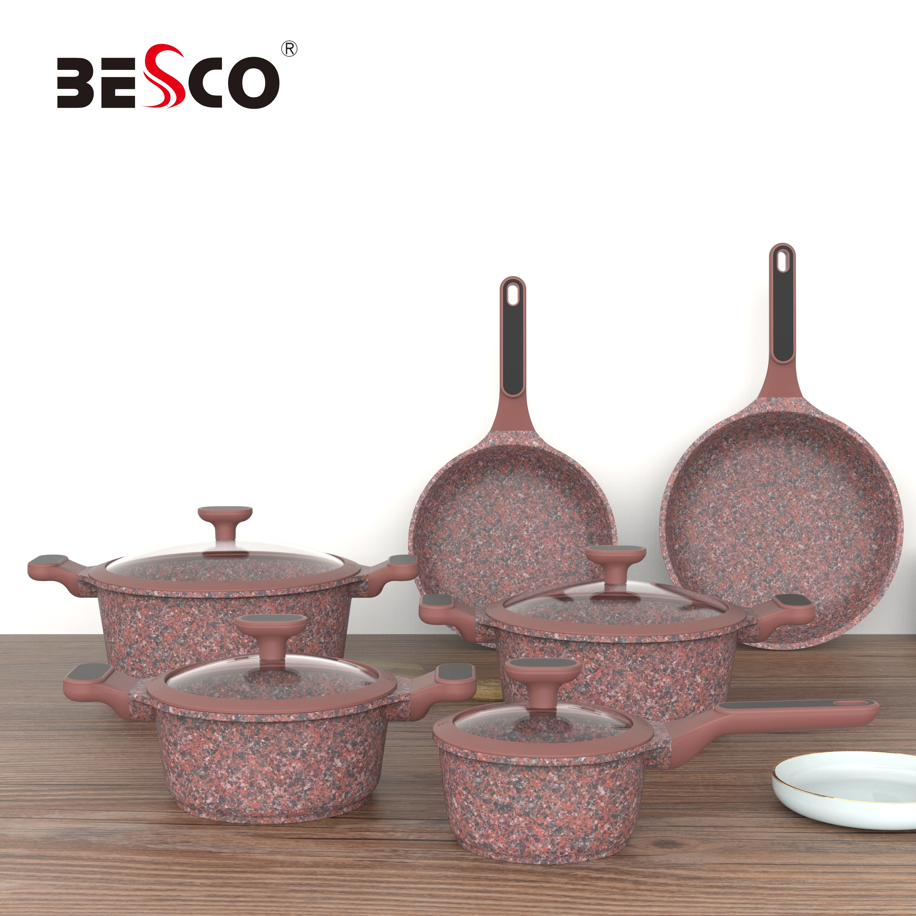 BESCO OEM Escalation series Cookware sets for  saucepan set with glass lid non stick aluminum pan with coating PFOA FREE marble