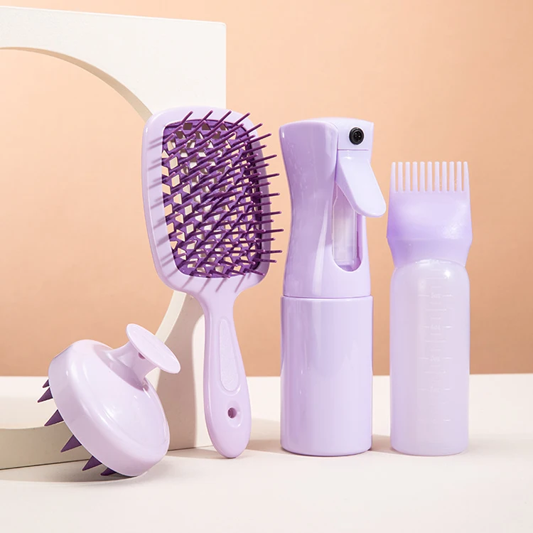 High Quality 4pcs Mesh Hair Detangling Brush Spray Bottle Silicone Hair Straightener Brush Comb Set