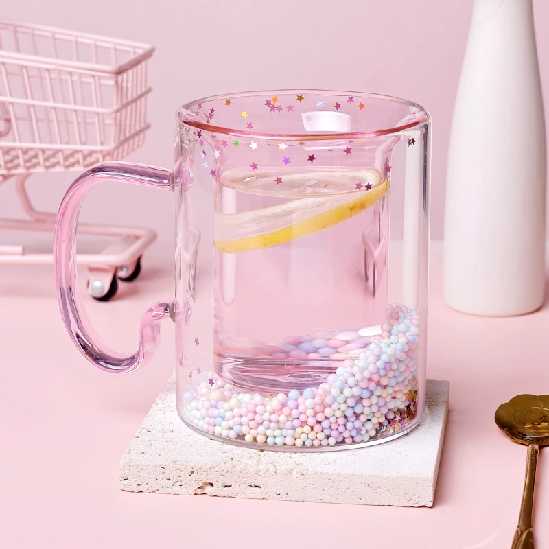 180ml Japan and South Korea romance style quicksand double hot water glass cup heat-resistant with handle for drinking