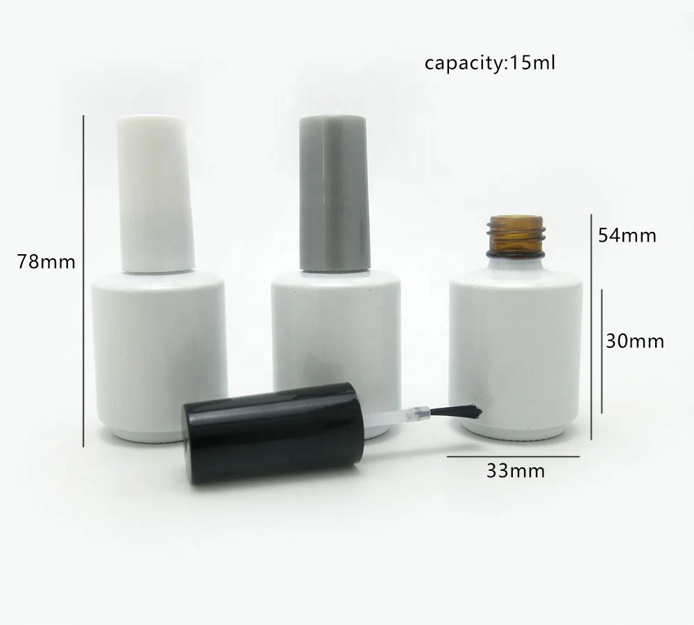Free Sample Empty White Glass Nail Polish Bottle With White Black Grey Brush Cap 1/2oz Glass Container