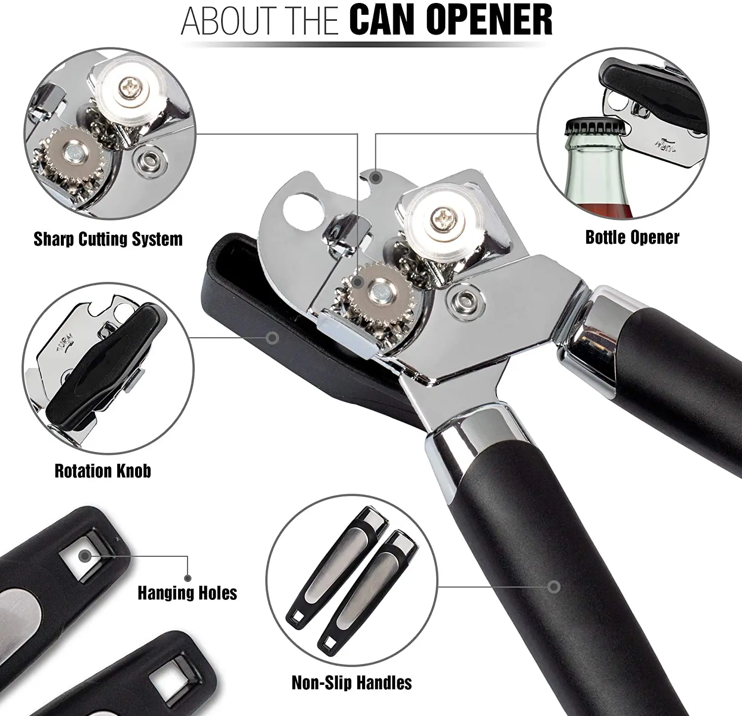 Can Opener Manual Handheld Strong Heavy Duty Can Opener Good Grips Anti-slip Hand Grip Stainless Steel Sharp Blade Ergonomic