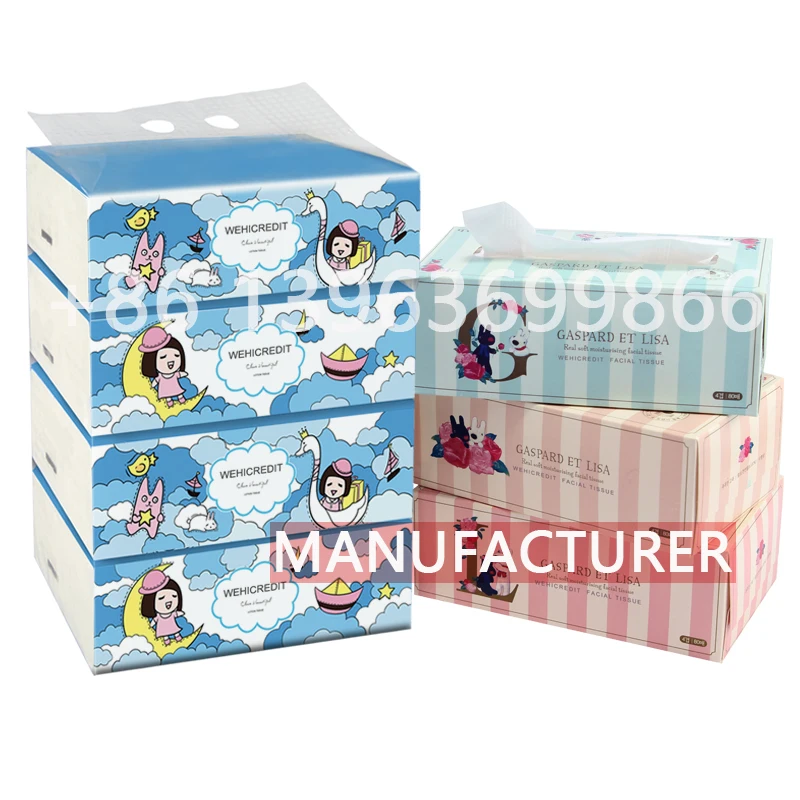 OEM wholesale high quality FSC eco friendly luxury branded custom cute baby face facial tissue paper with logo manufacturers