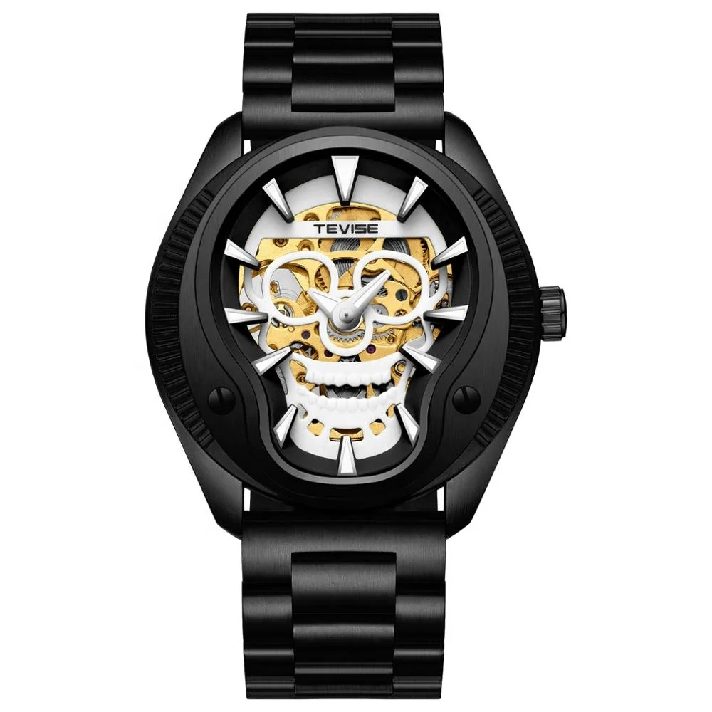 2019 fashion skeleton watch green skull luminous stainless steel leather band young men