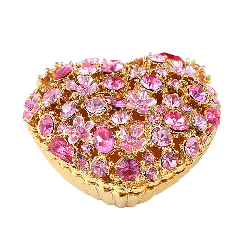 Wowei 2024 wholesale Heart shape Luxury Trinket Metal Box Home Craft Enamel for wedding gifts Crystals Accessories jewelry boxes
