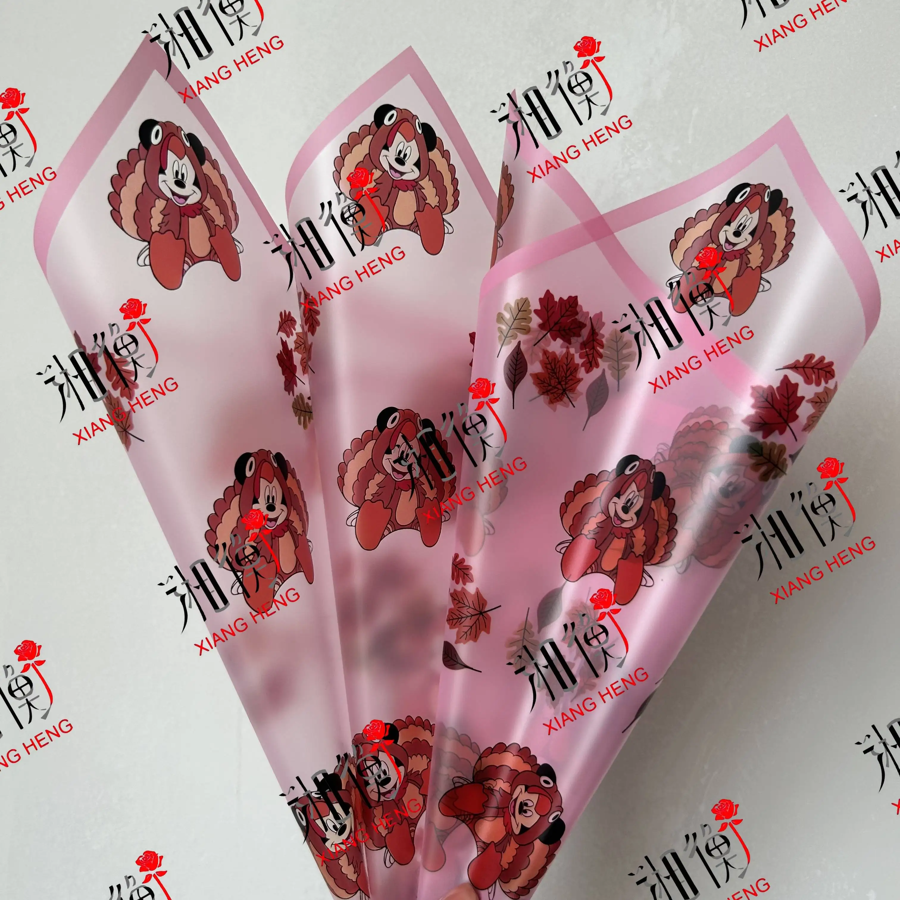 Thanksgiving Style Cartoon Mickey Mouse & Turkey Waterproof Frosted Flower Wrapping Paper Autumn Maple Leaf Florist Wrap Harvest