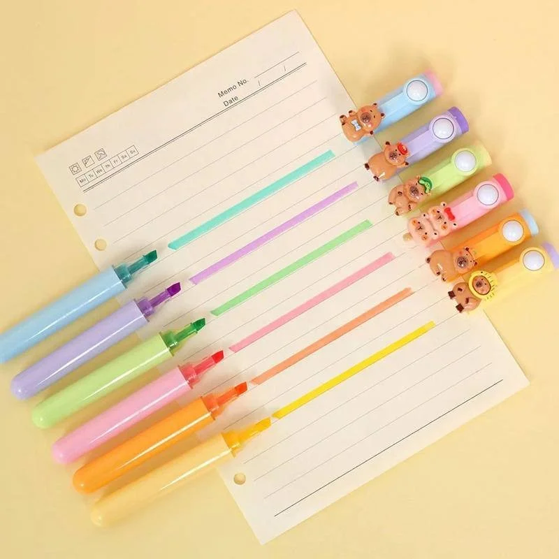 Capybara Highlighter Pen Set Kawaii Cartoon Art Fluorescent Markers Pens School Stationery Kids Gift