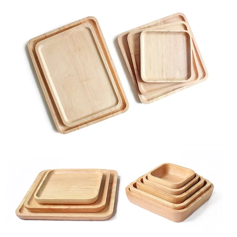 Japanese Style Rubber Wood Tableware Dinner Plates Solid Wooden Food Serving Tray Kitchen Dessert Cake Plate