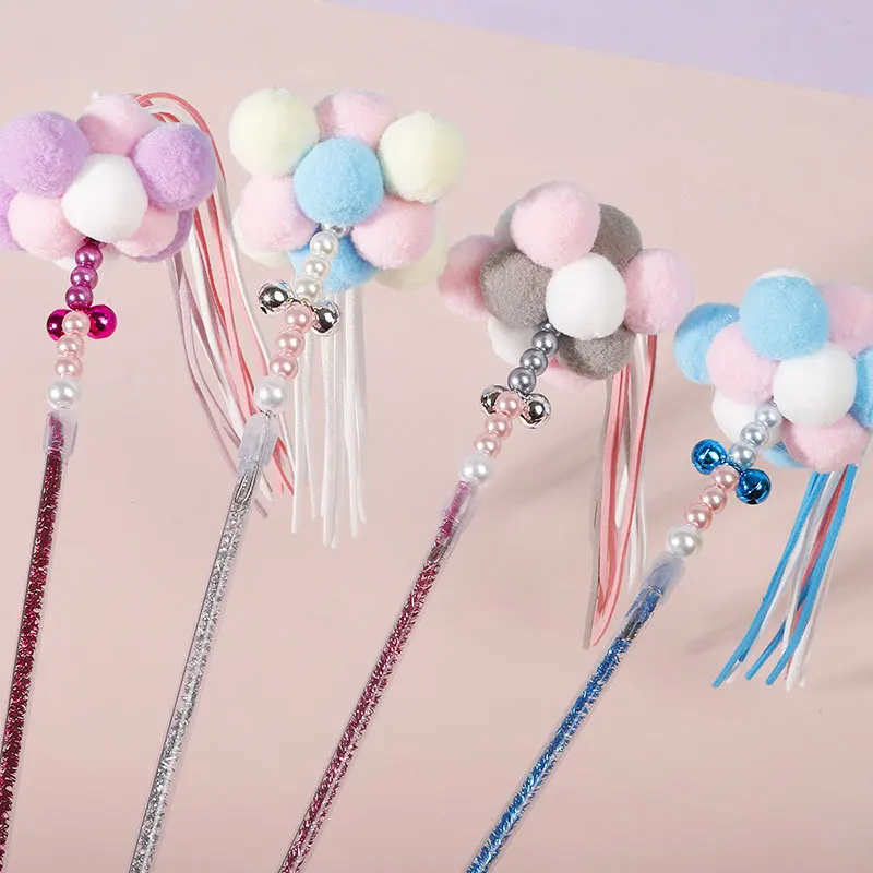 Wholesale  Cat Teaser Stick Toy Interactive Cat Toys Cat Teaser Wand Stick with Bells Pompoms