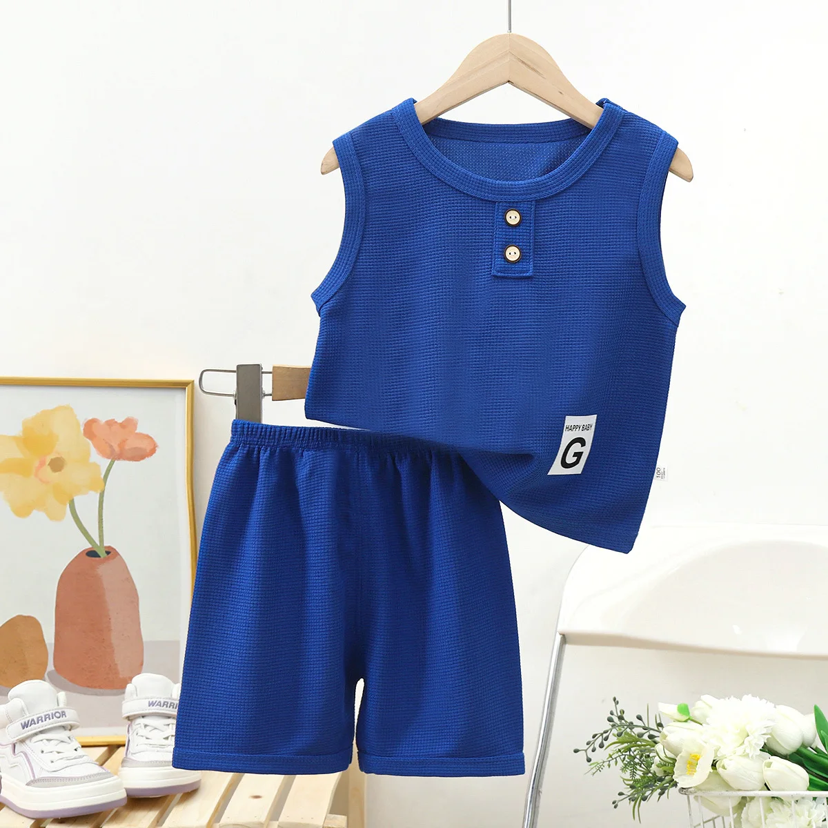 2024 new style baby clothes set popular hot sale summer children clothes set Two piece waffle vest wholesale good price.