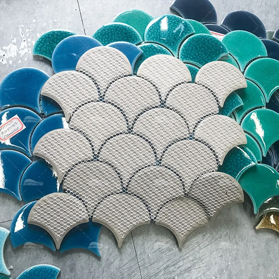 Bathroom Shower Backsplash Wall Fish Scale Tile Ice Crackle Glossy Cheap Swimming Pool Tile Ceramic Glazed Fan Shaped Tile