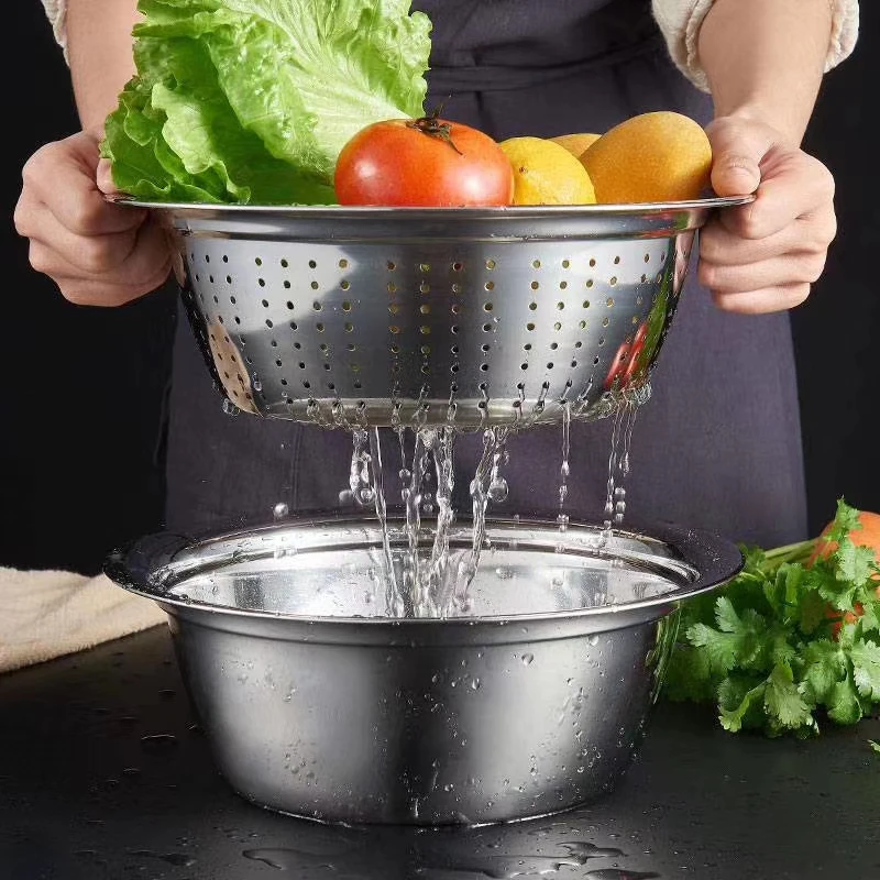 Factory  stainless steel  multi-function basin with  grater 3 in 1 vegetable cutter washing colander bowl set