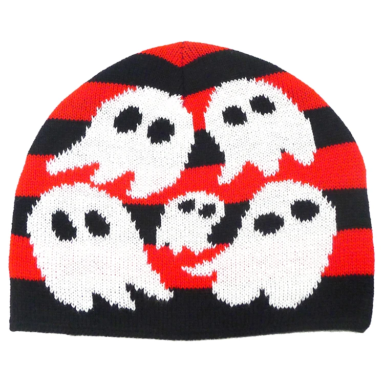 Unisex Halloween Skull Ghost Jacquard Knit Hat Beanie Winter Slouchy Toque Warmth Festive Party Caps Adults Kids Winter Gift