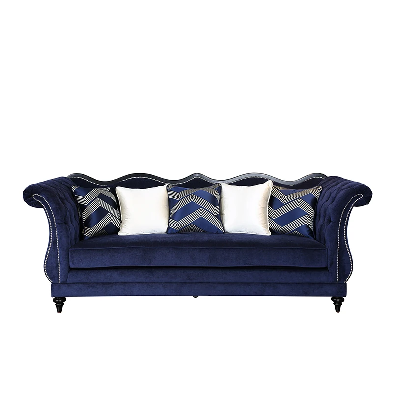2021 New Luxury American Style Design Sectional Blue Velvet Fabric Corner Sofa Set Furniture