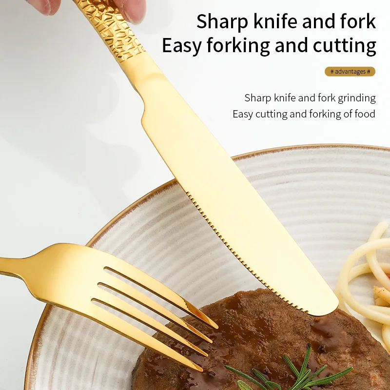 4pcs Dishwasher Safe Table Knife Forks Spoon Hammered Flatware Sets Luxury Silver Stainless Steel Cutlery Set