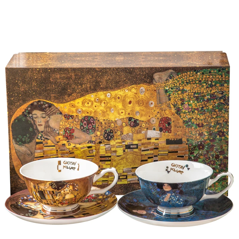 Klimt Famous Painting Bone China Tea Cup and Saucer Sets for 2 Person