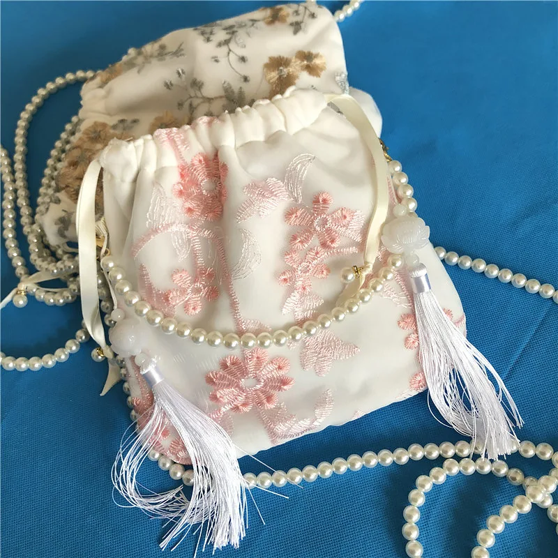 2021 Women Cell Phone Pearl Chain Net Yarn Embroidery Elegant Single Shoulder Crossbody Bag