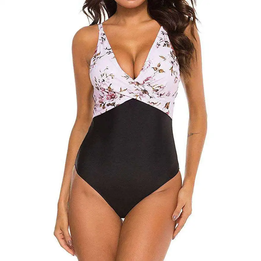 Hot Women One Piece Swimwear Tummy Control Printing Front Cross Girl Swimwear Swimsuit