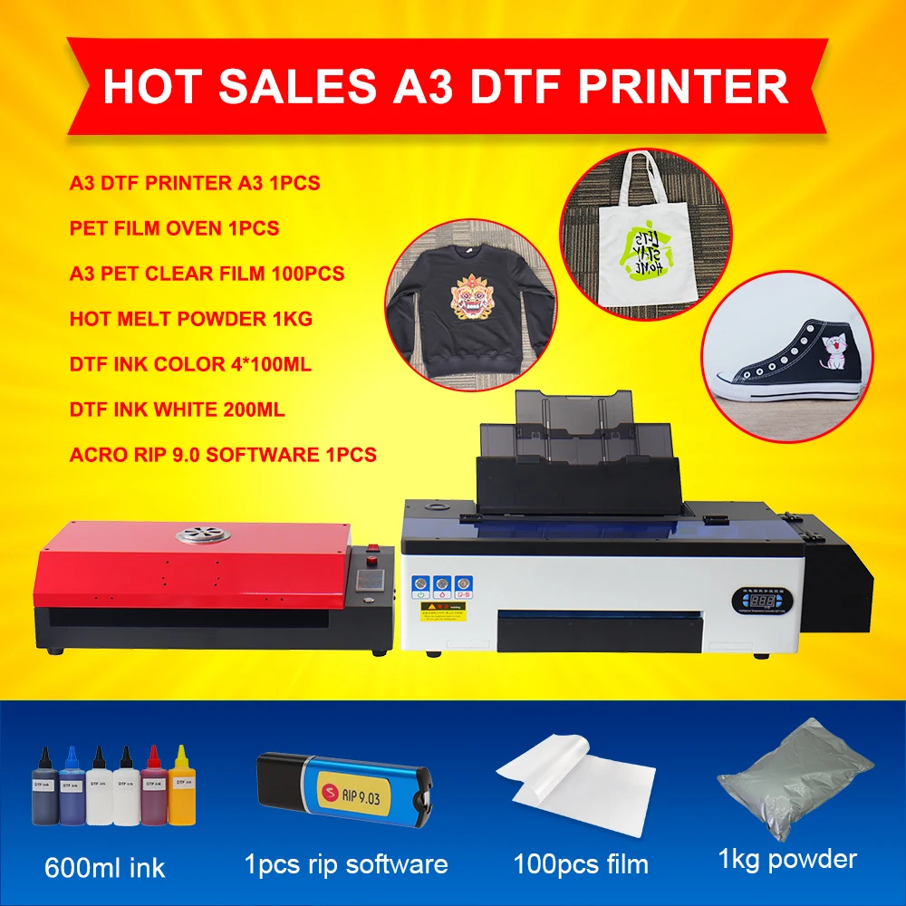 A3 R1390 DTF printer with oven for All Fabric A3 DTF transfer film T-shirt printing machine with White Ink Stirring Function
