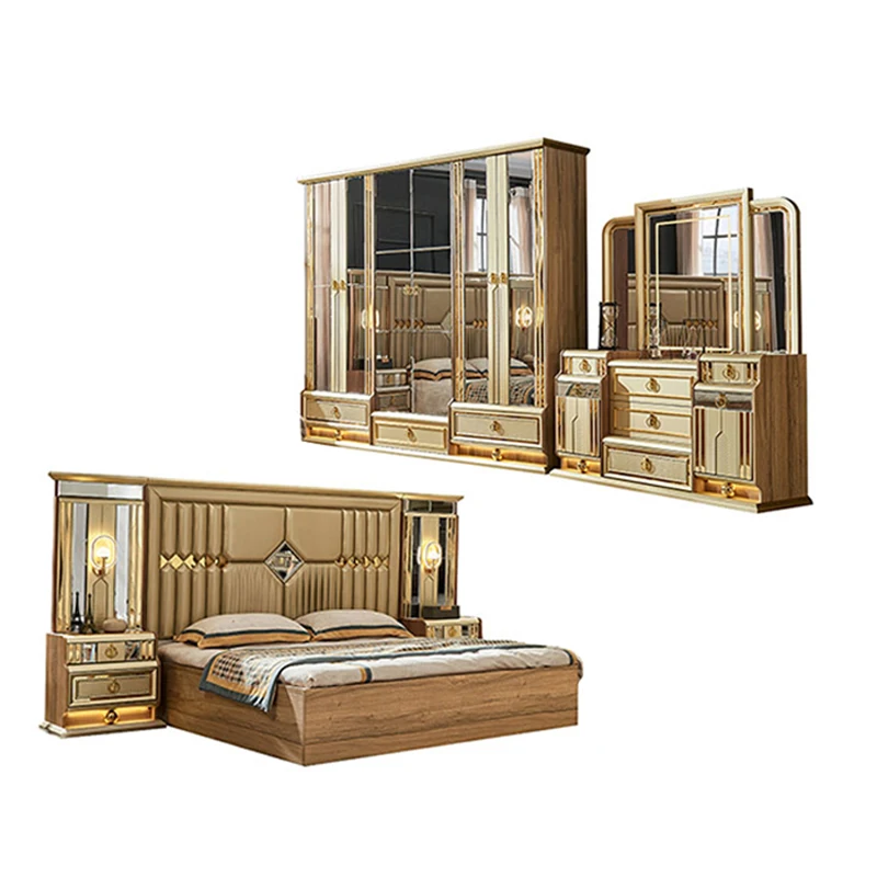 Wooden Modern Gold King Size Bed Double Master Room Villa Home Royal Full Queen Wood Luxury Bedroom Furniture Set