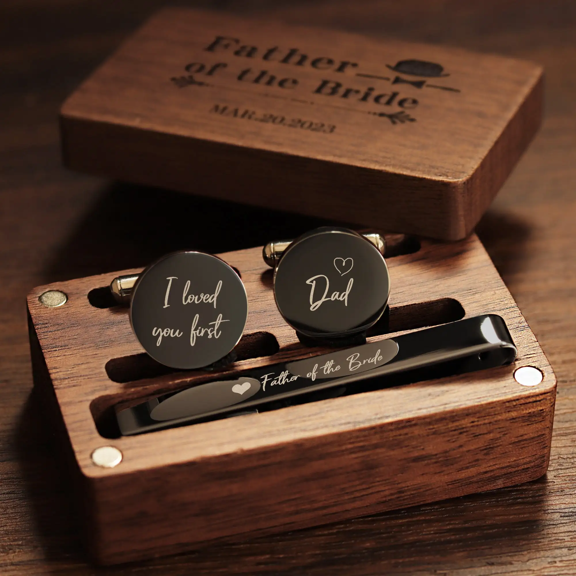 Personalized Name Cufflinks in Wooden Box Groomsmen Gifts and Bachelor Party Gift for Dad for Wedding or Engagement