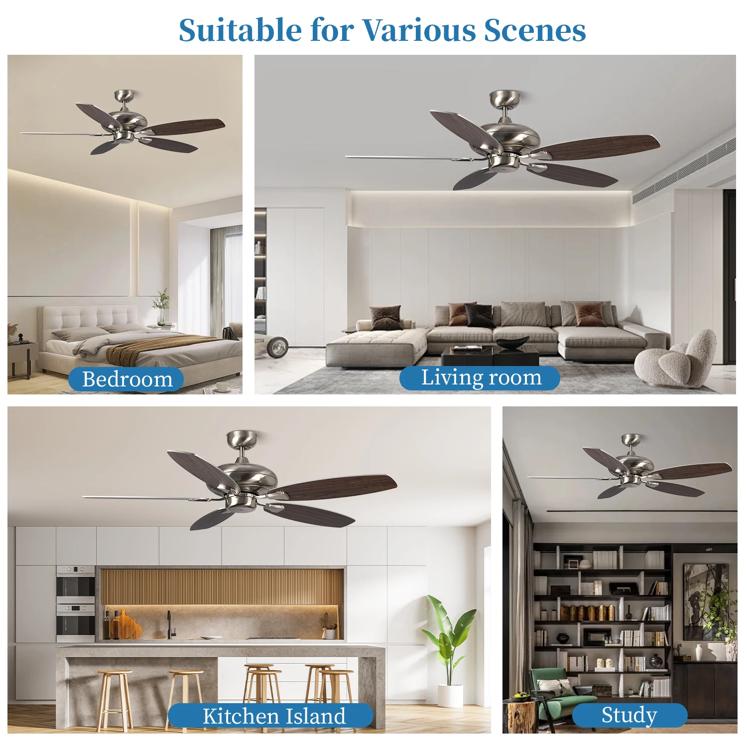 52 Inch Modern Silent Brush Nickel Housing Wooden AC Hotels Residential Decorative Ceiling Fan