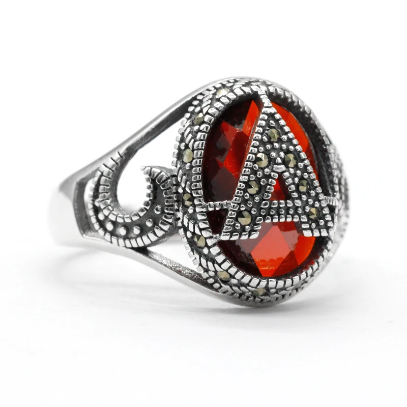 Wholesale 925 Sterling Silver Red Zircon Mosaic Stone Women Ring Letter A Rings for Woman Jewelry