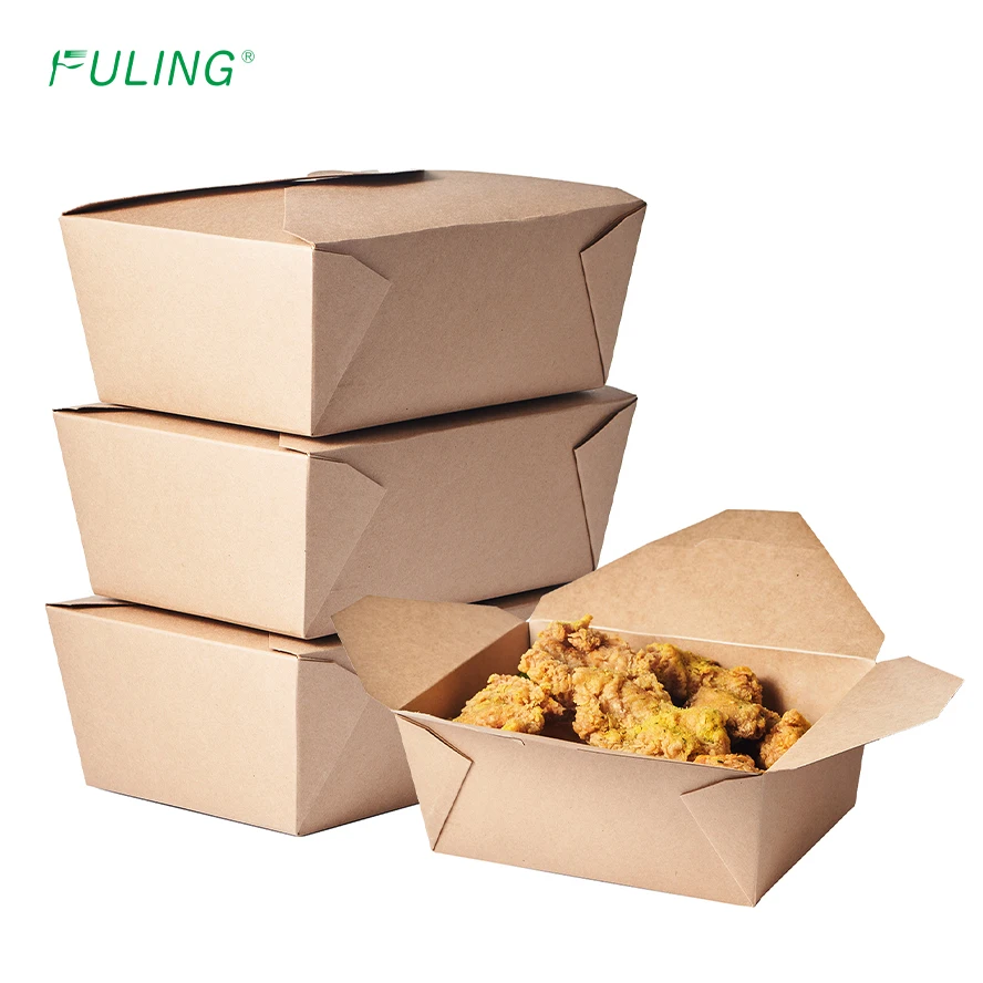 FULING Disposable Take Out Boxes Food Containers Microwavable Kraft Brown Paper To Go Box Grease proof Lunch Box