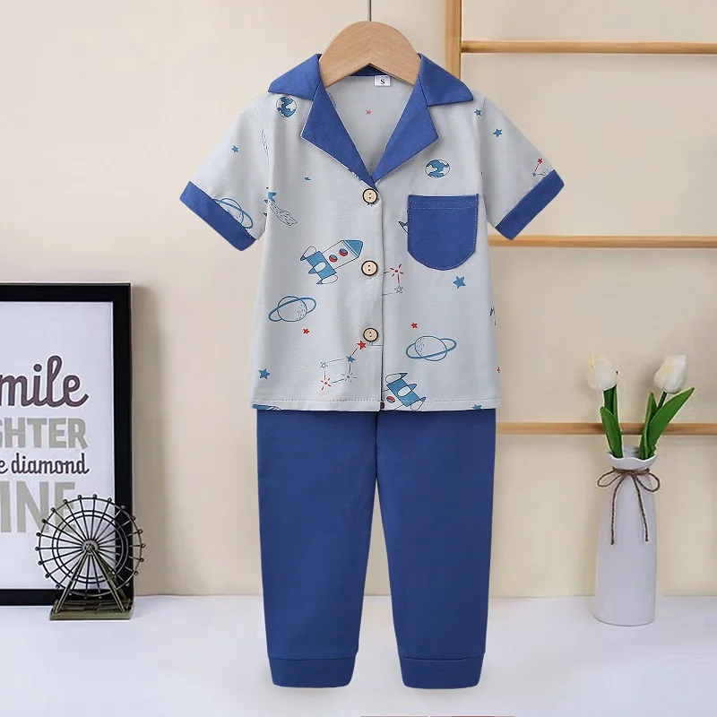 2023 Summer Korean Ins Kids Clothing Sets Children Short Sleeve Trouser Cotton Cartoon Round Neck suit