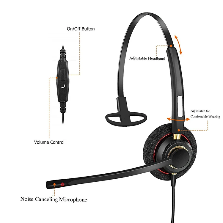 Monaural RJ9 Office Telephone Headset with Noise Cancelling Mic for Avaya Plantronics