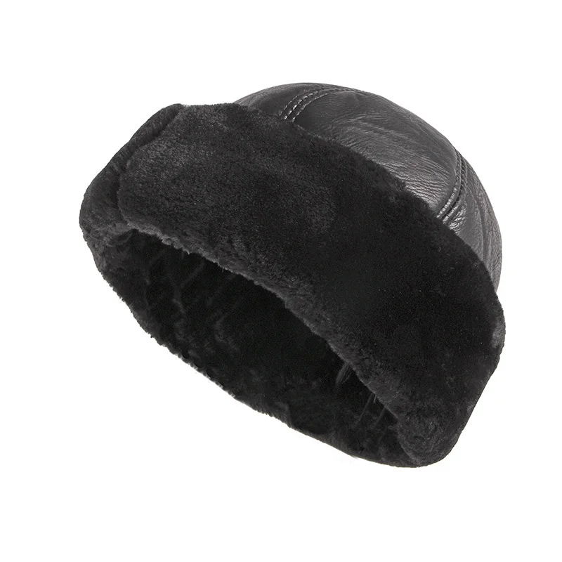 Wholesale Black Thickening Visorless PU Leather Men Winter russian Warm Hat custom LOGO