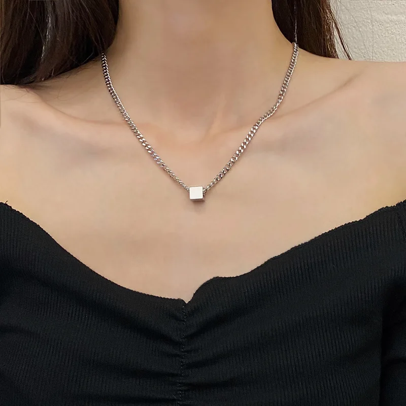 Fashion stainless steel cuban chain link with square bead charm pendant necklace men and women 20 inches