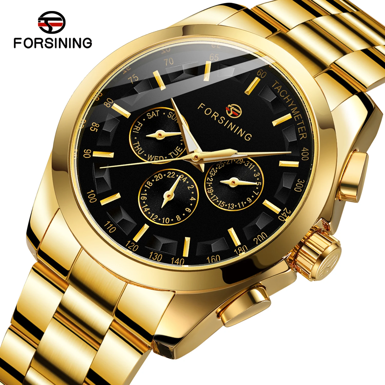 Forsining Luxury Brand Men Automatic Mechanical Watch Golden Metal Series 3D Bolt Skeleton Dial Rubber Strap Male Wrist Watches