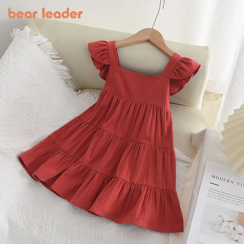 Bear Leader Summer 2022 New Casual Baby Kid Girl Infant Sleeveless Ruffles Princess Dress Cute Solid Color Korean Kids Clothes