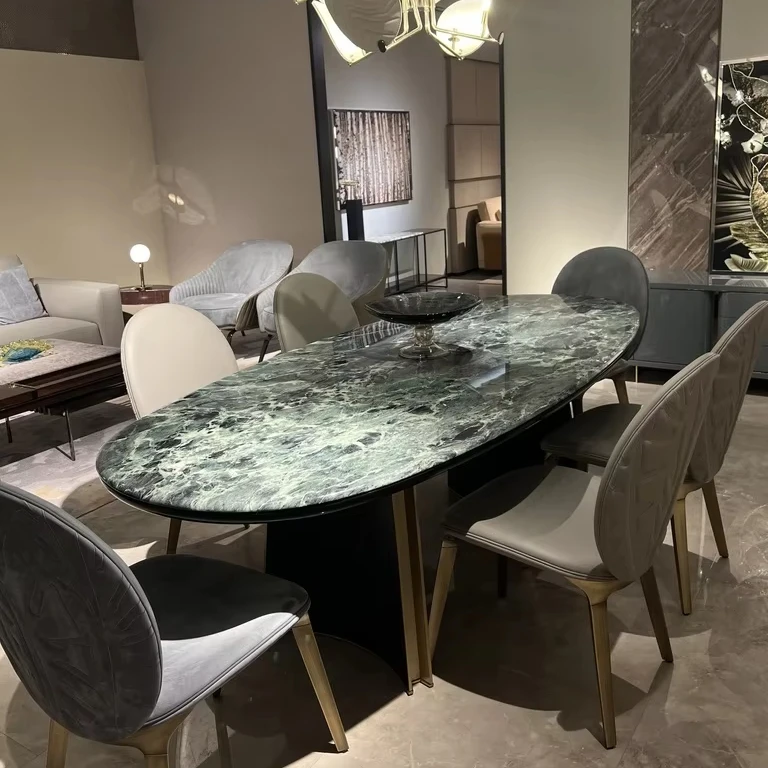 Jason Modern Italian Luxury Dining Table and Chair Set Drop-Shaped Natural Marble Long Rectangular Table Furniture Stone