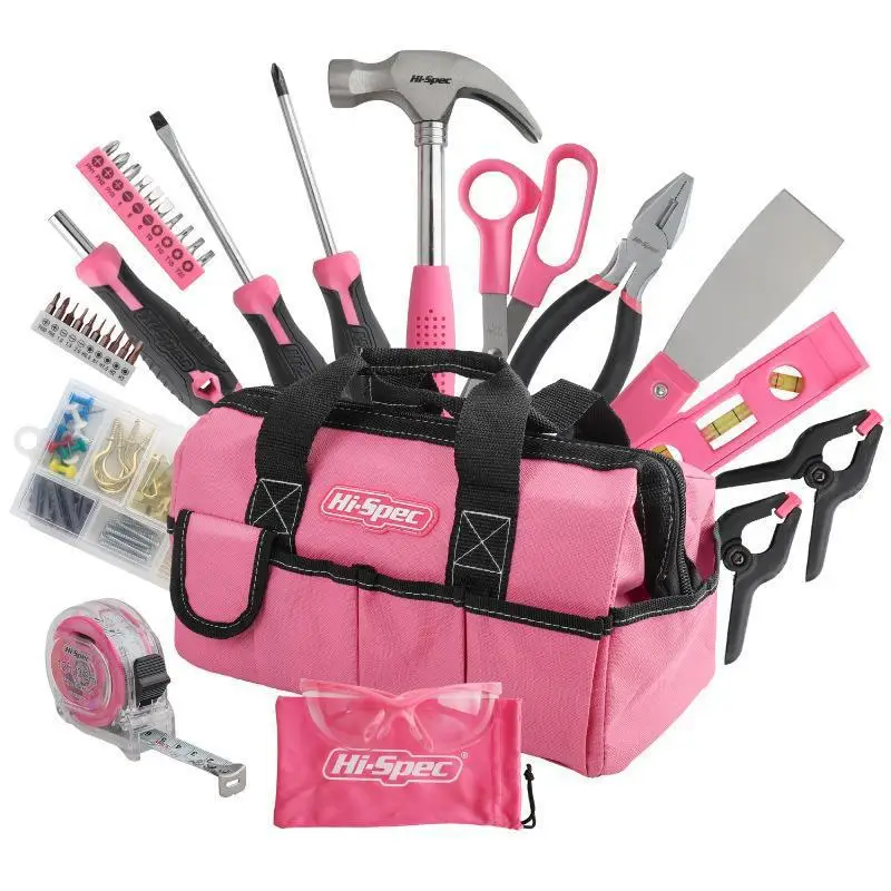 DD3295 Hand DIY 130-Piece Pink Tool Set for Women Home Repairing Kit With Wide Mouth Open Storage Bag