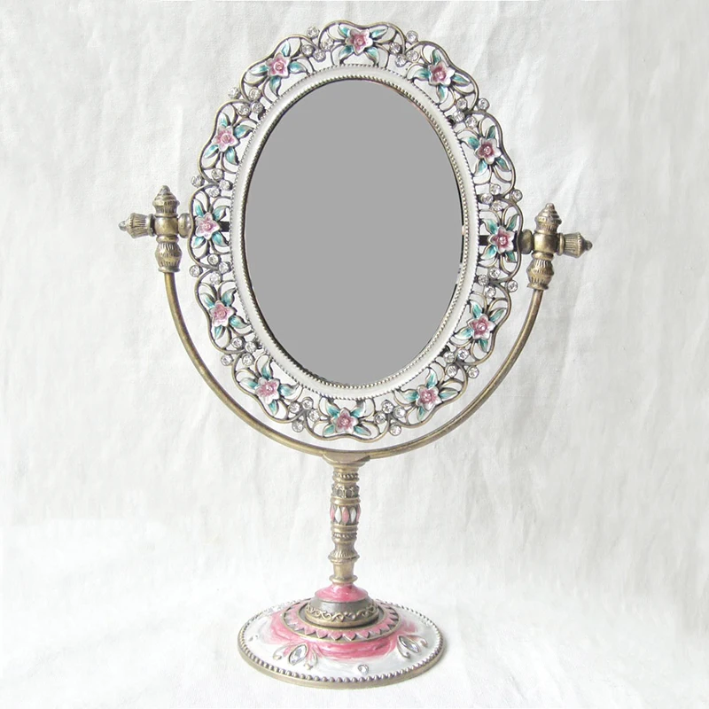 Antique Brass White Pink Jeweled Floral Zinc Alloy Framed Single-sided Tabletop Swing Mirror 3.5x5 inch Vintage Home Desk Mirror