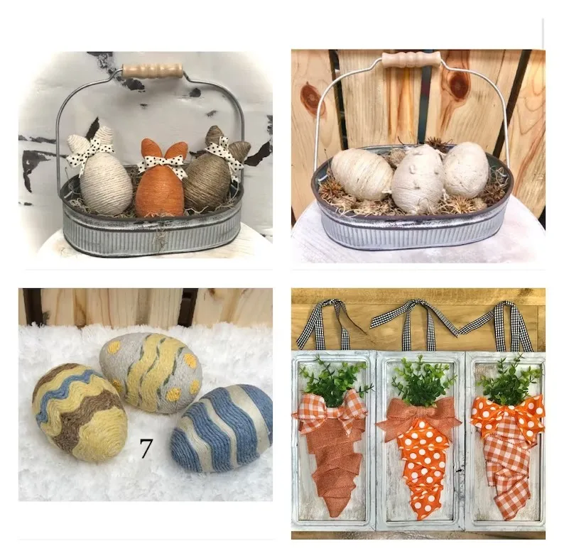 Metal iron tiered trays with handle Easter bunny eggs twine wrapped Easter eggs gift farmhouse rustic decoration