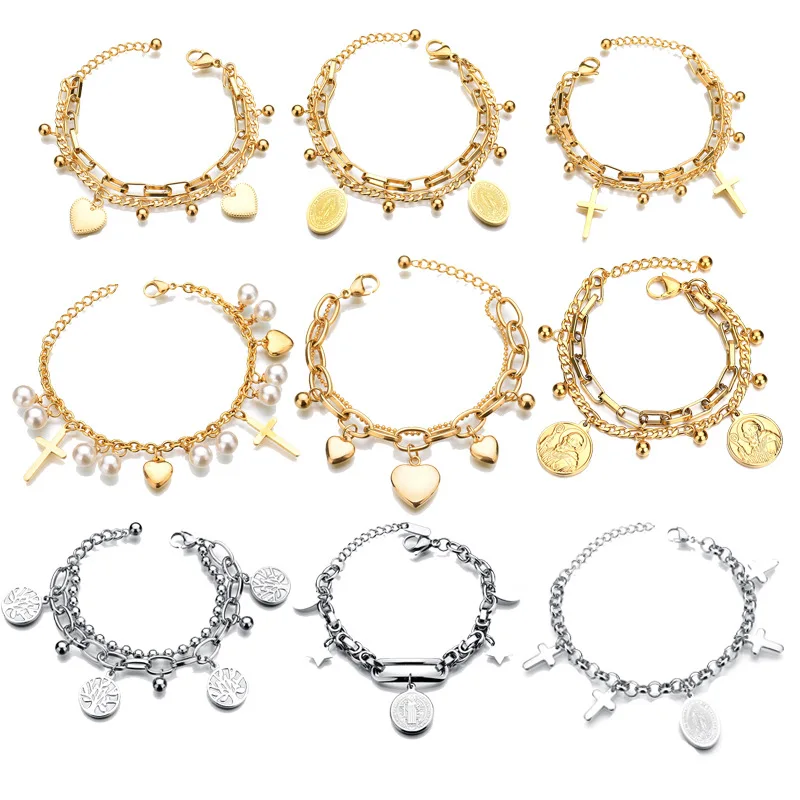 2020 stainless steel jewelry  bangle tree of life heart cross boy girl charms link chain bracelet