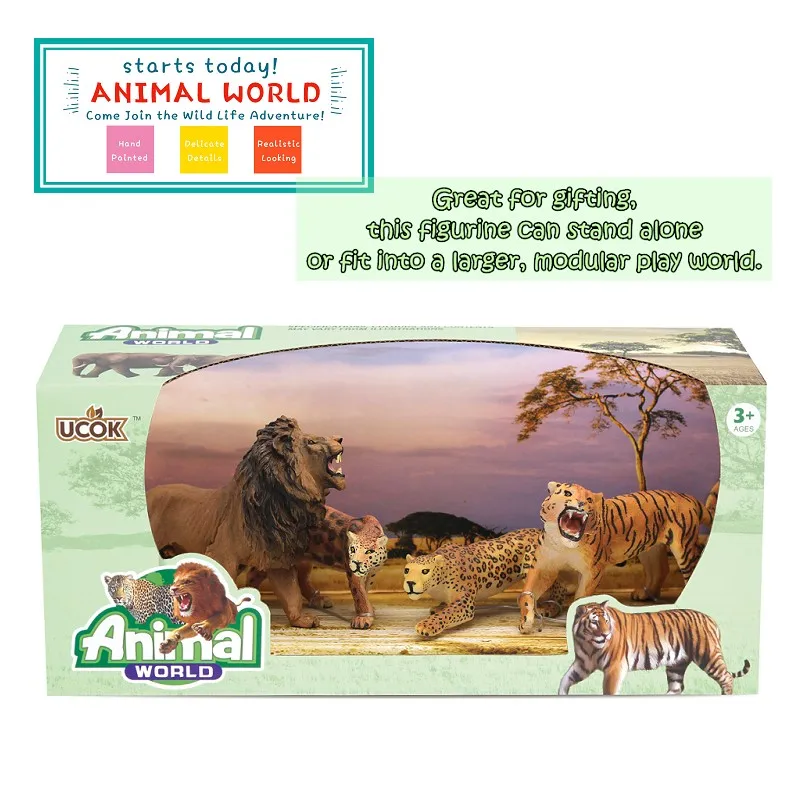 giraffe, Lion, Tiger, Elephant, 4-pieces Animal Figurines in Decorative Box as a Play Scene