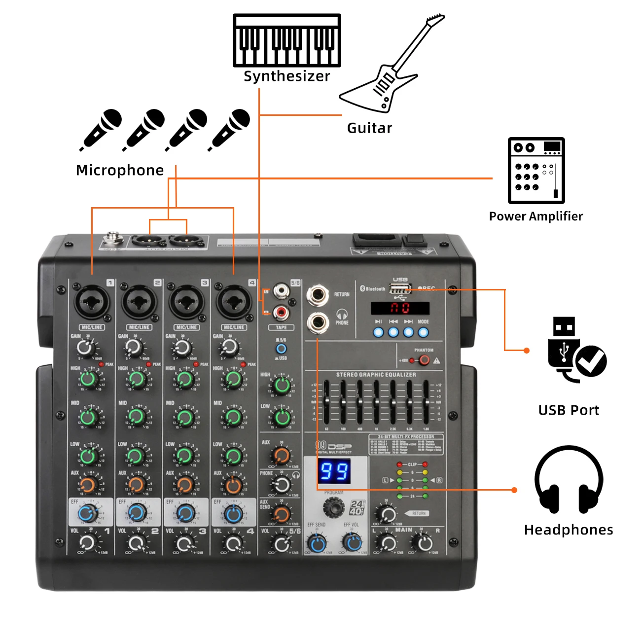 Biner B6 Professional Hot Sale Built in 99 Types of DSP Effect 6 Channels Digital Sound Mixing Console usb audio mixer