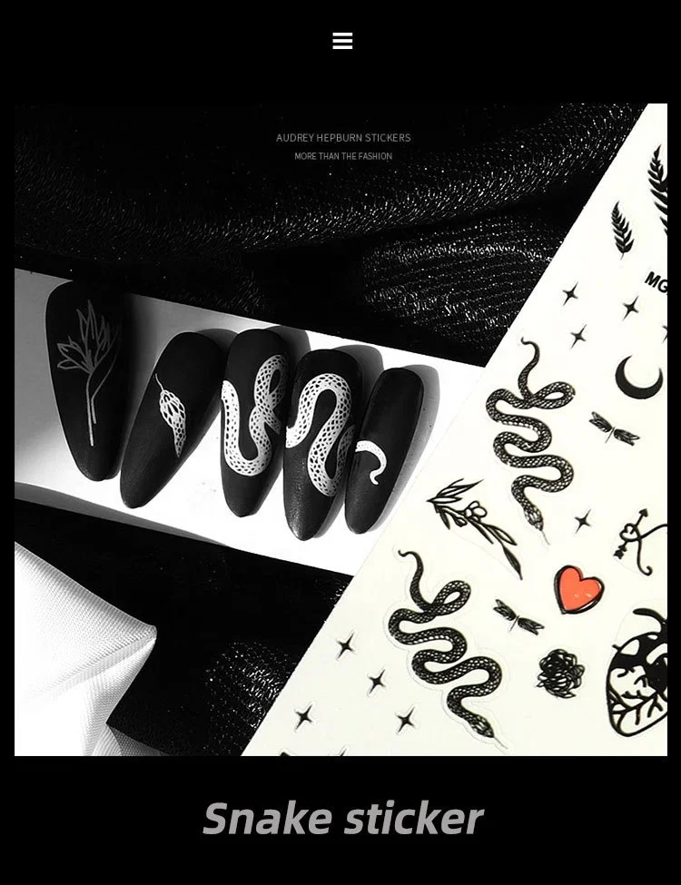 popular 3d nails stickers Black and white snakelike nail art sticker