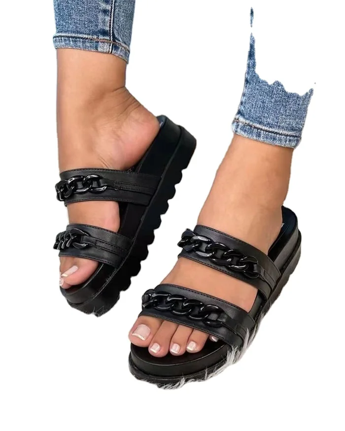 Wholesale Casual Flip-Flops Ladies Shoes Flat Slides Casual Chain Sandal Women Daily Soft Height Increasing Slippers For Summer