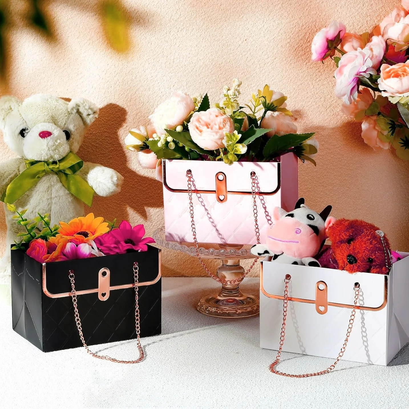 Wedding bouquet flower box with handle, suitable for holiday, party, gift packaging paper bags