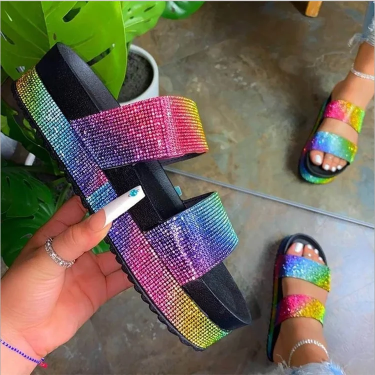  hot sale Summer rhinestone slides thick bottom sandals for women and ladies high heel slippers shoes with